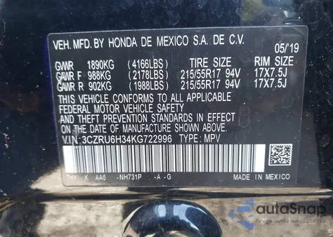 2019 Honda Hr-V Lx z USA, uszkodzony, nr VIN 3CZRU6H34KG722996